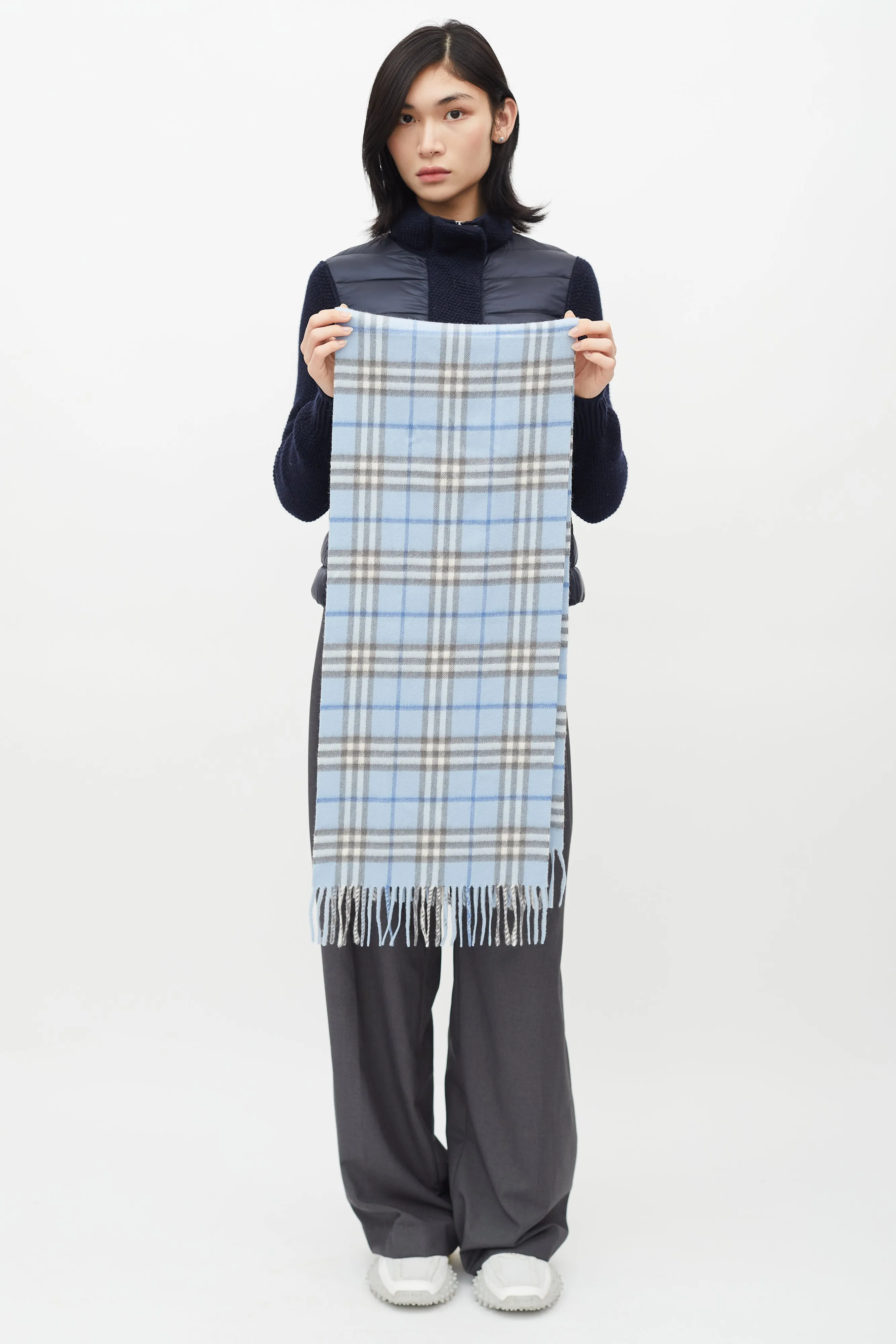 Blue & White Cashmere Check Scarf