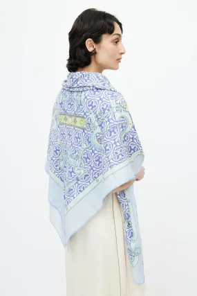Blue Cashmere & Silk Mors Et Gourmettes 140 Print Shawl