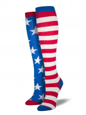 Bright Blue Unmatched American Flag Knee High Socks (Women's)