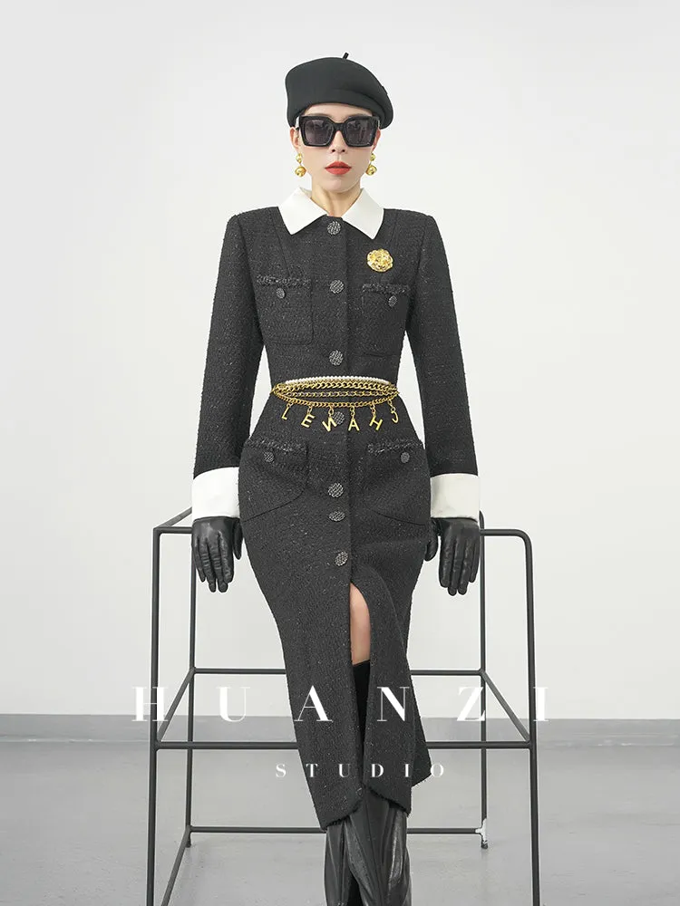 Huanzi new detachable acetate leader wool tweed small fragrance wind coat dress- Ray