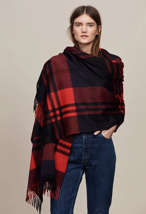 Joshua Ellis Check 100% Cashmere Stole Red, Navy