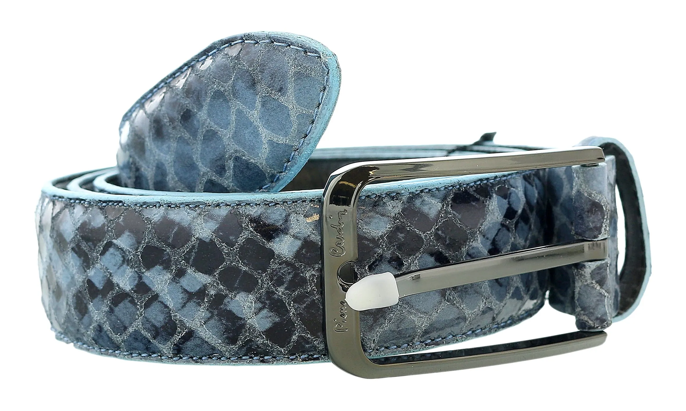 Pierre Cardin Sky Blue Python Embossed Classic D-Ring Adjustable Belt Adjustable Mens Belt-