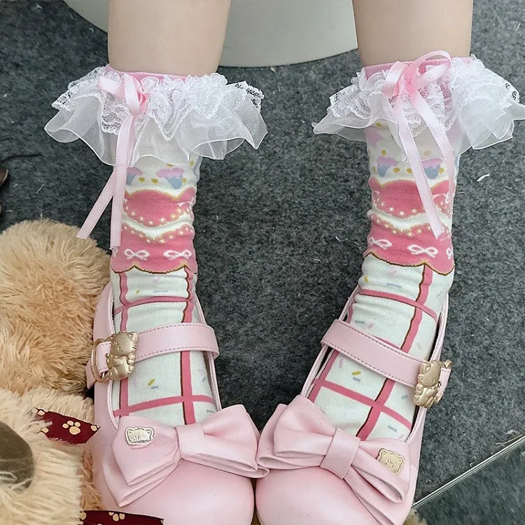 Pink Sweet Lolita Bowknot Lace Trim Striped Pattern Calf Socks