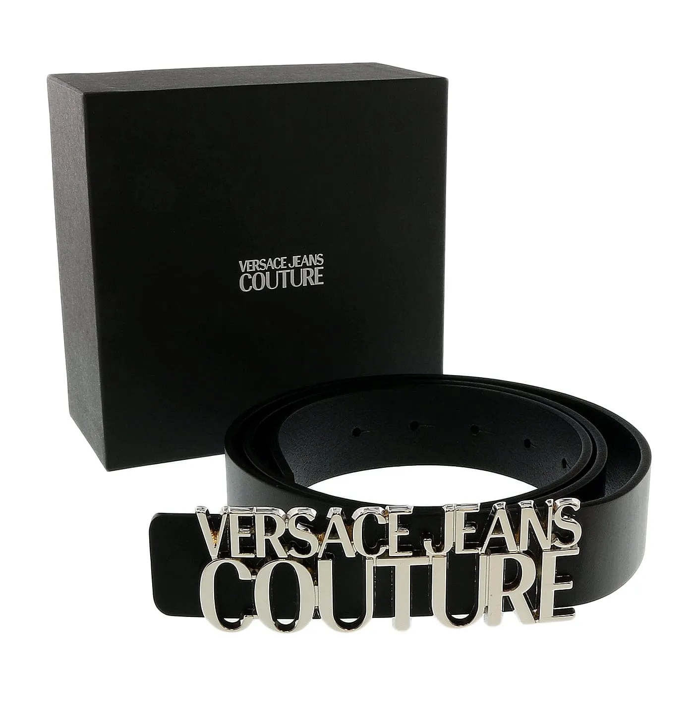 Versace Jeans Couture Black/Nickel  Lettering Buckle Leather Belt-