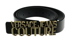 Versace Jeans Couture Black/Old Brushed Brass Lettering Buckle Leather Belt