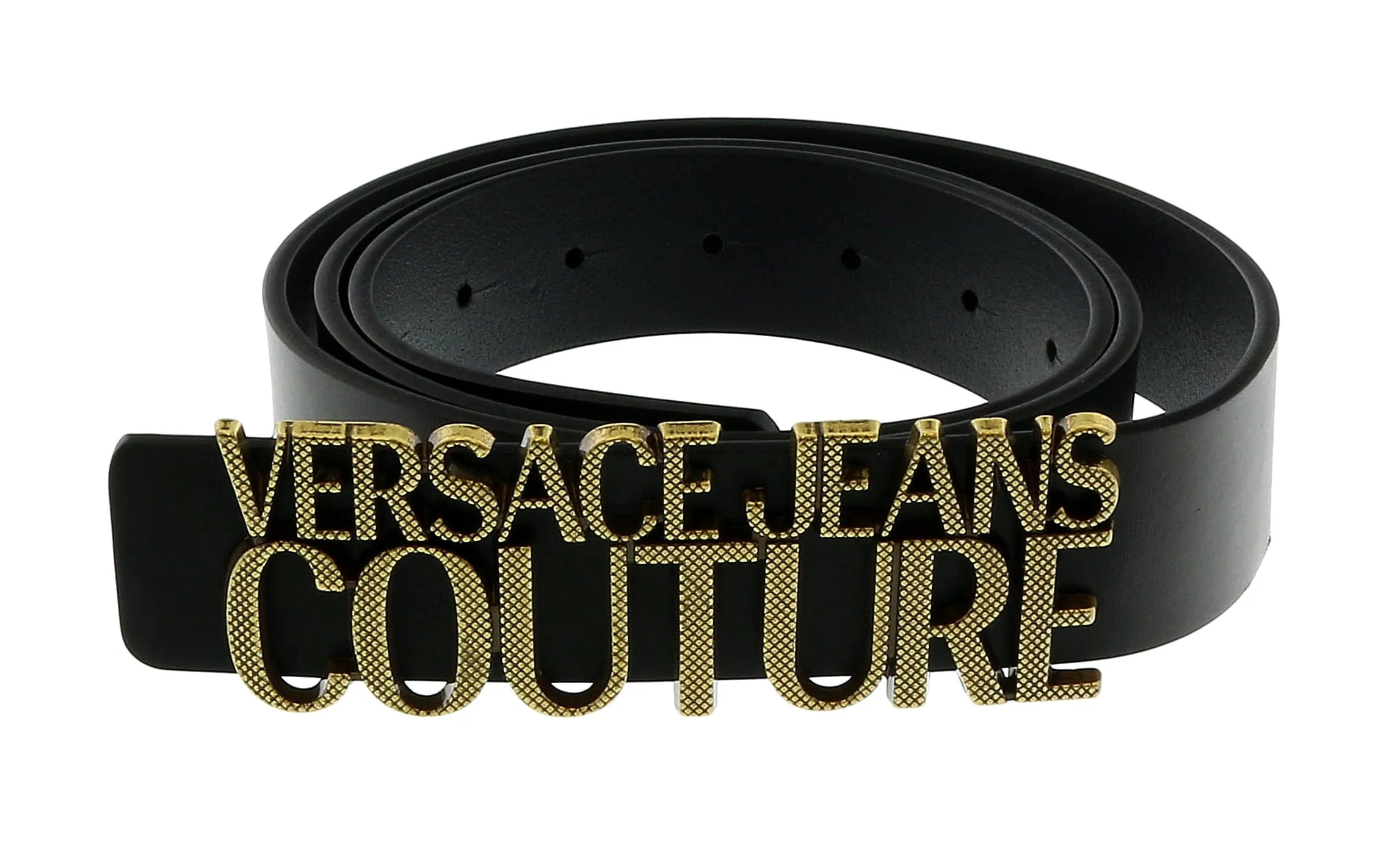 Versace Jeans Couture Black/Old Brushed Brass Lettering Buckle Leather Belt
