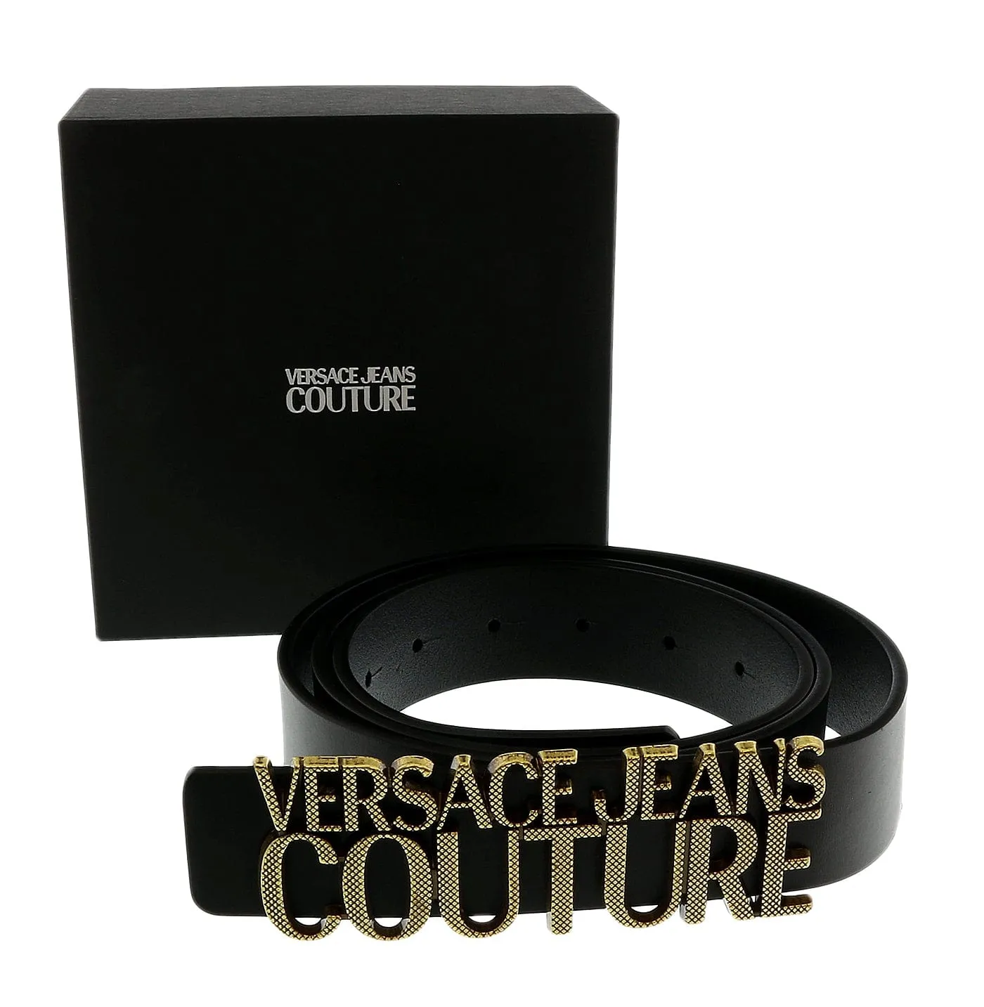 Versace Jeans Couture Black/Old Brushed Brass Lettering Buckle Leather Belt